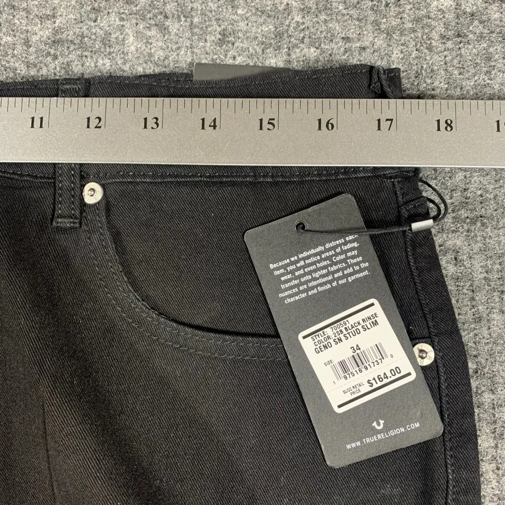 True Religion Jeans Mens 34 Black Denim Geno Relaxed Slim‎ Studded Stretch $164